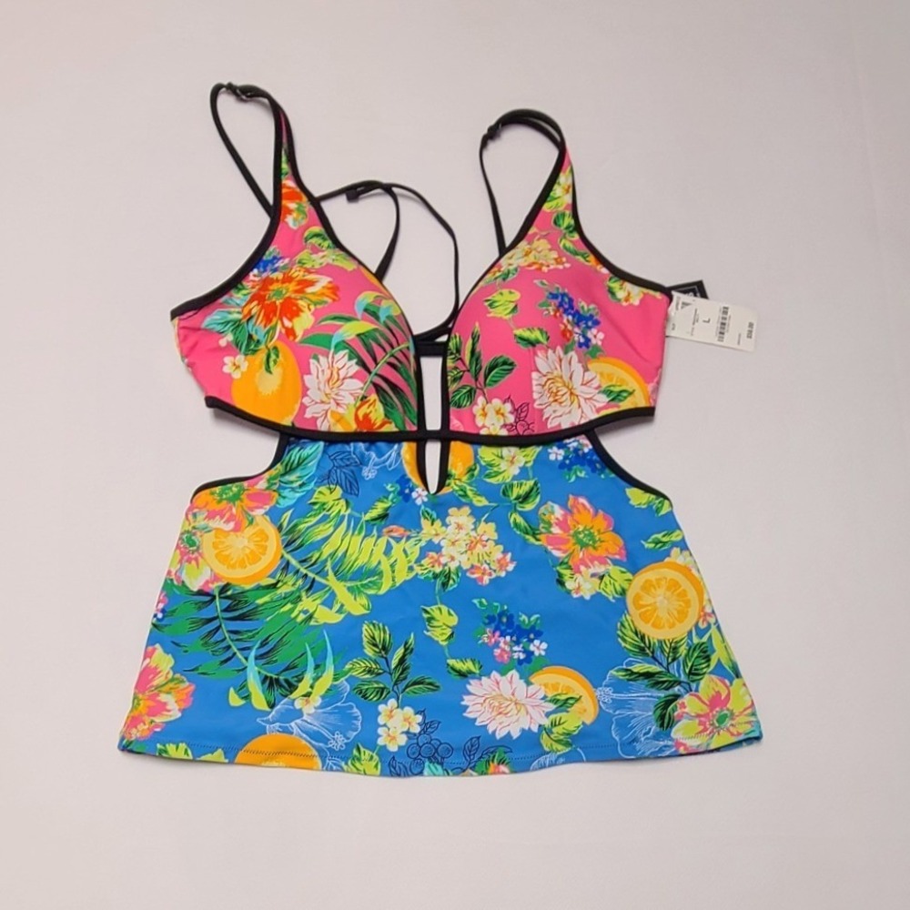 Bar III Womens Tropical Floral Citrus Cutout Tankini Top Multi Color L NEW